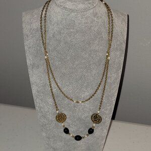 Vintage c1980 Gold-Tone Coin & Black Beaded Faux Pearl Station Chain Necklace